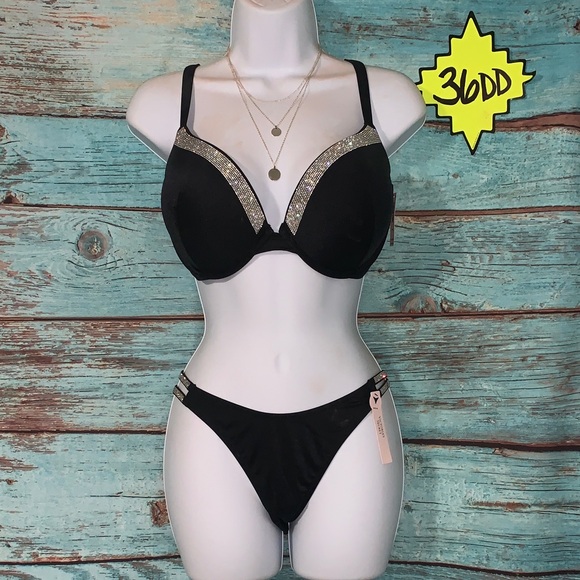 Victoria's Secret | Sz 36DD/M black with rhinestones bikini - new with tags - Picture 1 of 4